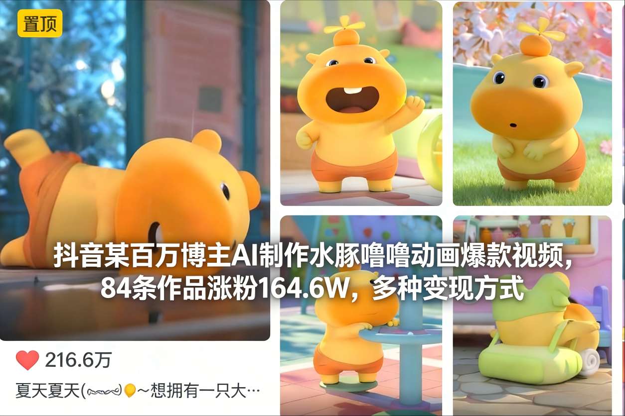 抖音某百万博主AI制作水豚噜噜动画爆款视频，84条作品涨粉164.6W，多种变现方式-才疏云网创