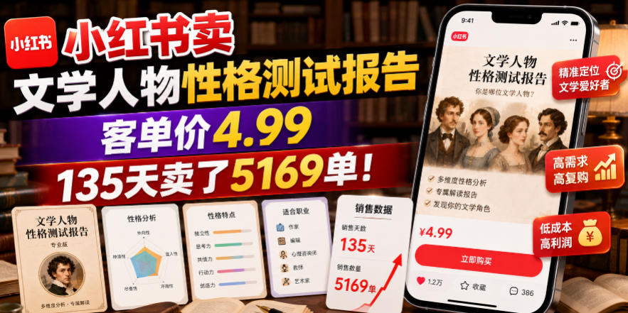 小红书卖文学人物性格测试报告，客单价4.99，135天卖了5169单！-才疏云网创