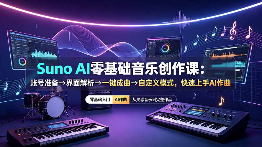 Suno AI零基础音乐创作课：账号准备→界面解析→一键成曲→自定义模式，快速上手AI作曲-才疏云网创