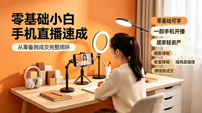 零基础小白手机直播速成，从筹备到成交完整闭环，适配苹果安卓系统，解决杂音卡顿留人难问题-才疏云网创